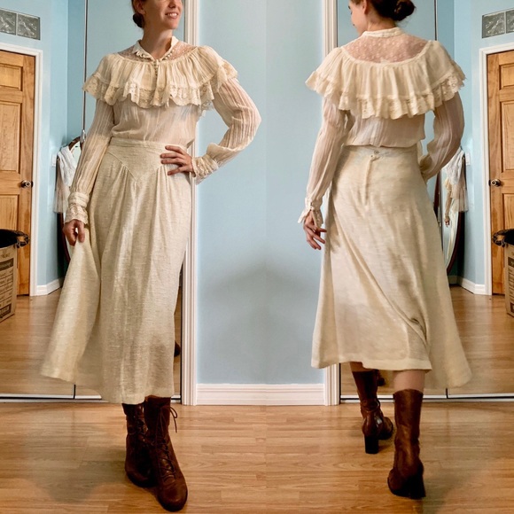 Vintage Dresses & Skirts - SOLD Vintage Western Swing Dancing Cream Prairie Flax Linen Midi Skirt*